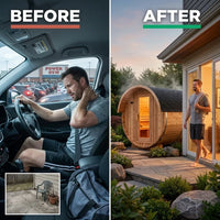 Traditional Steam Barrel Sauna Built for Recovery, 6-Person Cedar Construction, 6000W Heater, Outdoor Use — Before & After