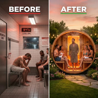 Traditional Steam Barrel Sauna Built for Recovery, 6-Person Cedar Construction, 6000W Heater, Outdoor Use — Before & After