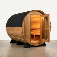 Traditional Steam Barrel Sauna Built for Recovery, 6-Person Cedar Construction, 6000W Heater, Outdoor Use — Studio Shot