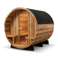 Traditional Steam Barrel Sauna Built for Recovery, 6-Person Cedar Construction, 6000W Heater, Outdoor Use — Studio Shot