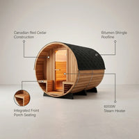 Traditional Steam Barrel Sauna Built for Recovery, 6-Person Cedar Construction, 6000W Heater, Outdoor Use — infographic