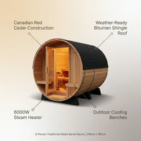 Traditional Steam Barrel Sauna Built for Recovery, 6-Person Cedar Construction, 6000W Heater, Outdoor Use — infographic