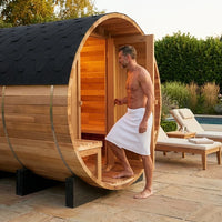 Traditional Steam Barrel Sauna Built for Recovery, 6-Person Cedar Construction, 6000W Heater, Outdoor Use — Lifestyle