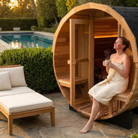 Traditional Steam Barrel Sauna Built for Recovery, 6-Person Cedar Construction, 6000W Heater, Outdoor Use — Lifestyle