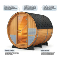 Traditional Steam Barrel Sauna Built for Recovery, 6-Person Cedar Construction, 6000W Heater, Outdoor Use — How It Works