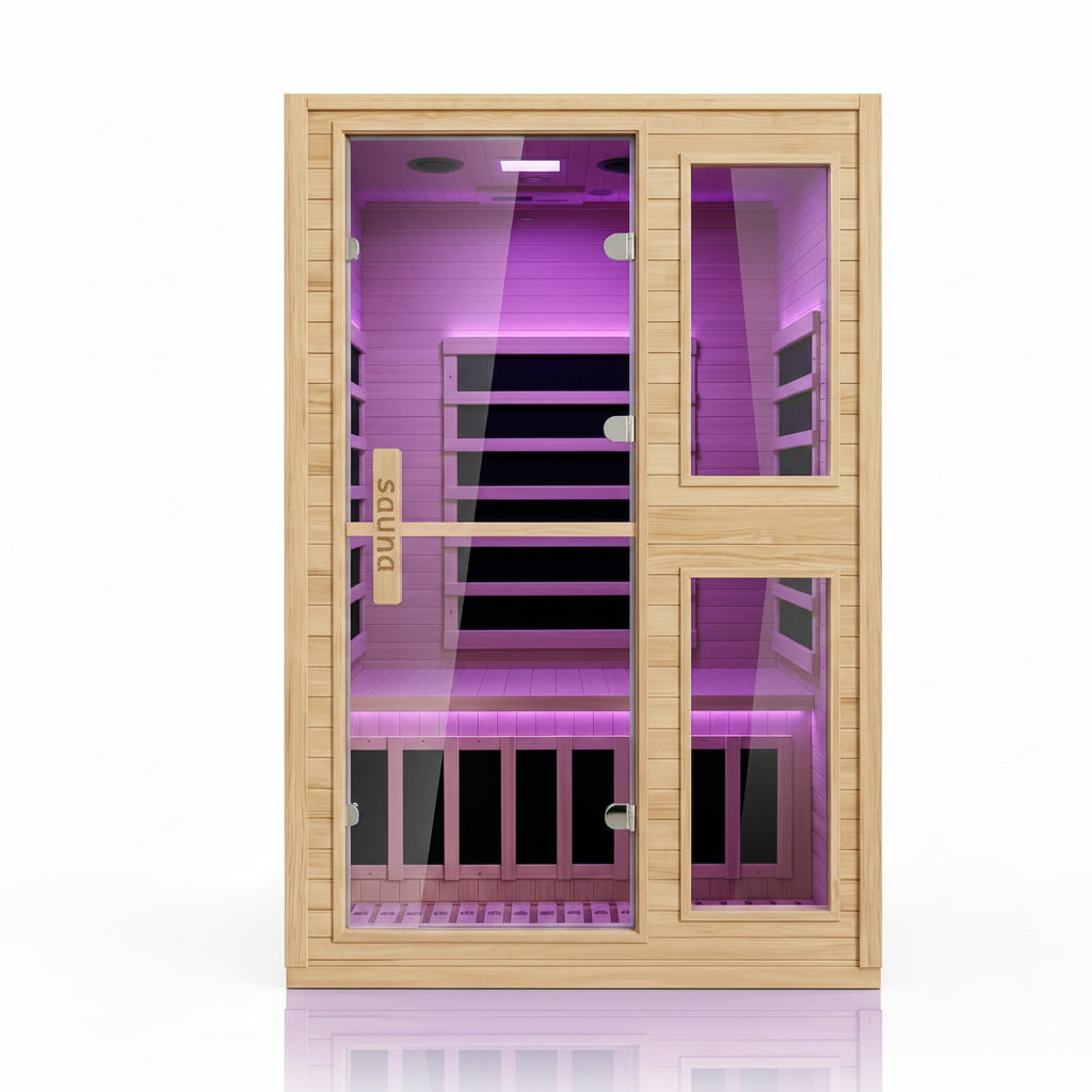 2 Person Far Infrared Sauna with Smart APP Control, Canadian Hemlock Wood Indoor Sauna Room, 2000W Low EMF Fast Heating Home Dry Sauna, 7 Color Chromotherapy, Bluetooth Speakers for Relaxation